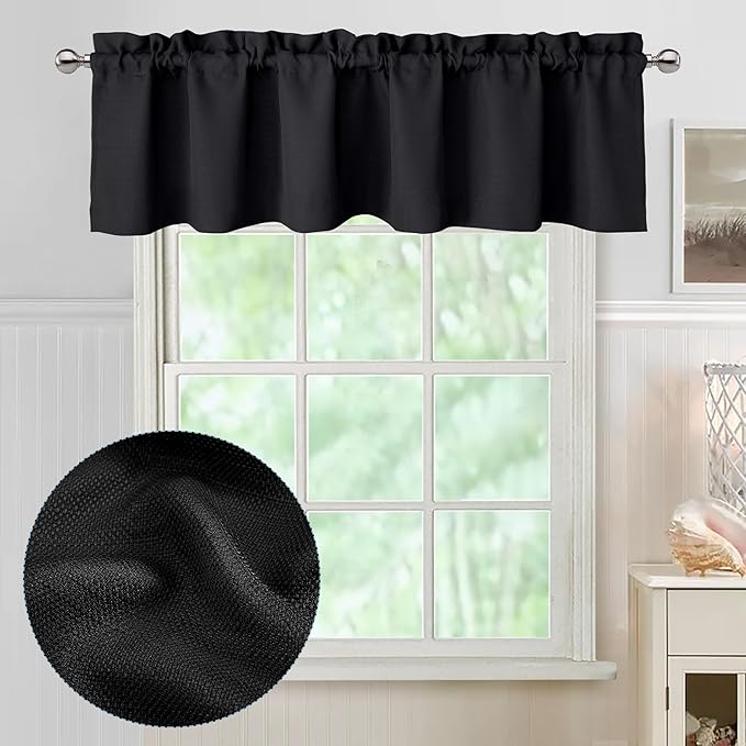 Chyhomenyc Black Valance for Windows, Light Filtering Faux Linen Decorative Small Short Kitchen Window Valance Curtain for Living Room Bathroom Cafe Laundry Basement, 60Wx14L inch, 1 Piece