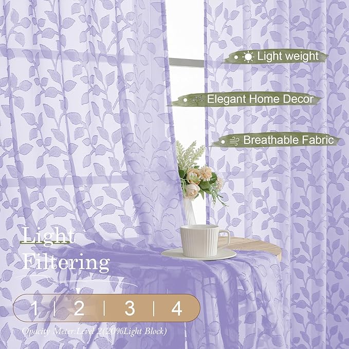 Chyhomenyc Light Purple Sheer Curtains 36 Inch Length, Light Filtering Leaf Tufted Textured Small Kitchen Curtain Over Sink, Short Half Window Curtains for Bathroom Basement, 30" Wx36 L, 2 Panels