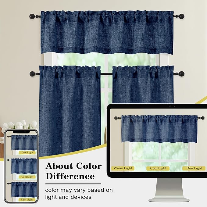 Navy Blue Valances for Windows, Light Filtering Faux Linen Textured Small Short Window Curtain for Bathroom Basement Farmhouse, Rod Pocket Top Half Curtains for Windows, 60Wx14L Inch