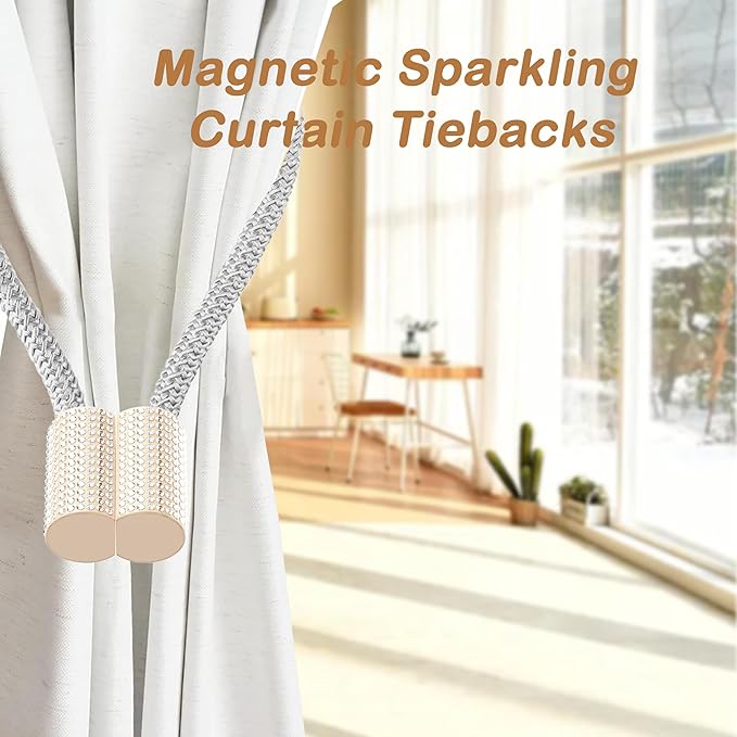 SRG Handmade Magnetic Curtain Tiebacks 2 Pack Sparkling Glass Wrapped Wooden Holdbacks with Strong Magnets, No Drilling Drapery Accessories for Home Decor – Gray