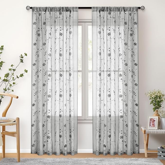 HOMEIDEAS Grey Sheer Curtains 84 Inches Long 2 Panels Embroidered Floral Pattern Semi Sheer Window Curtains for Bedroom Living Room