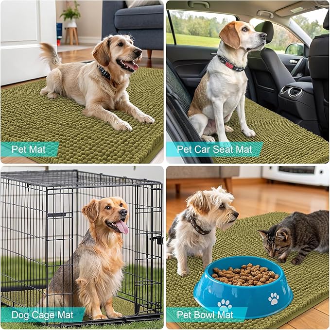 OLANLY Dog Door Mat for Muddy Paws 70x35, Absorbs Moisture and Dirt, Absorbent Non-Slip Washable Doormat, Quick Dry Chenille Mud Mat, Entry Indoor Entryway Carpet for Inside Floor, Willow Green
