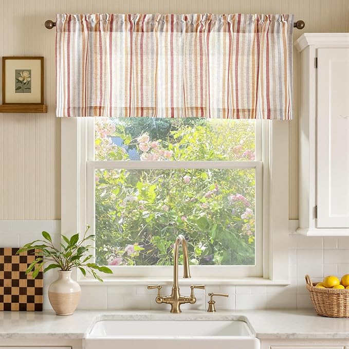 jinchan Valance Curtain Linen Textured Striped Window Curtain for Living Room Light Filtering Farmhouse Valance for Kitchen Rod Pocket 1 Panel 16 Inch Multi Red on Linen