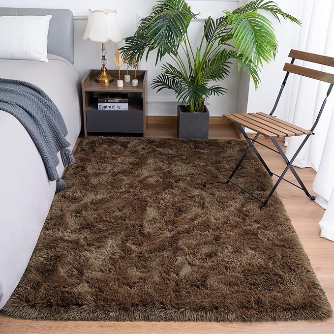 Goideal Fluffy Rug for Bedroom Living Room, 6x9 Brown Area Rugs, Faux Fur Shag Modern Carpet Ultra Soft Girls Boys Room Home Decor, Solid