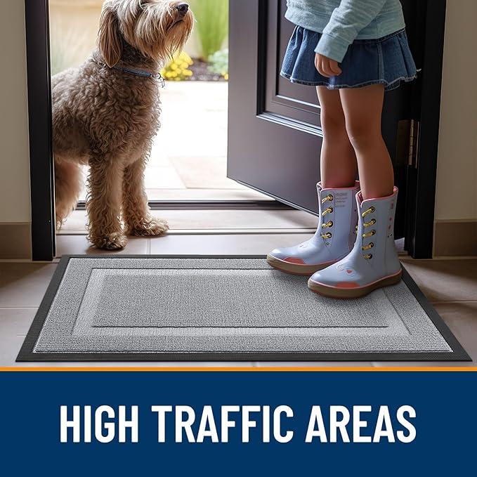 OLANLY Front Door Mat Indoor Outdoor Entrance, Waterproof All-Season, All-Weather Doormat, Sturdy Natural Rubber, Low Profile, Easy Clean Patio Porch Entryway Mat, 47x17, Silver Gray