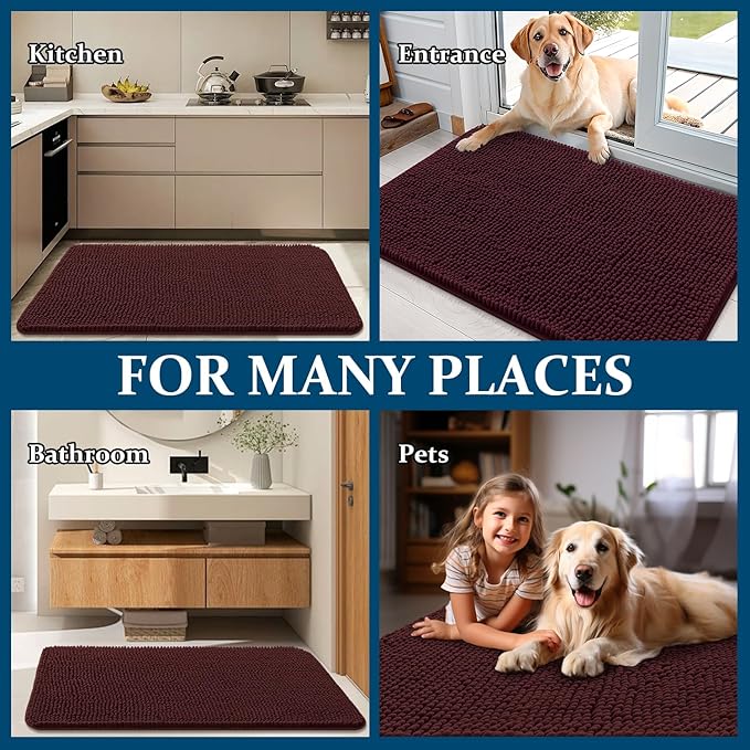 OLANLY Dog Door Mat for Muddy Paws 59x20, Absorbs Moisture and Dirt, Absorbent Non-Slip Washable Doormat, Quick Dry Chenille Mud Mat for Dogs, Entry Indoor Entryway Carpet for Inside Floor, Russet