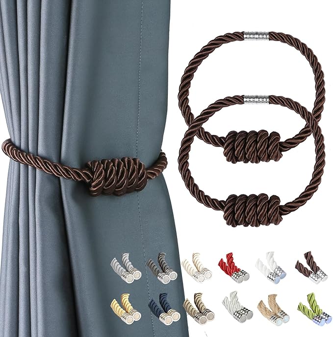 BEL AVENIR Magnetic Curtain Tiebacks, Decorative Drapery Holdbacks Modern Woven Tie-Backs with Exquisite Knot (Coffee, 2 Pack)