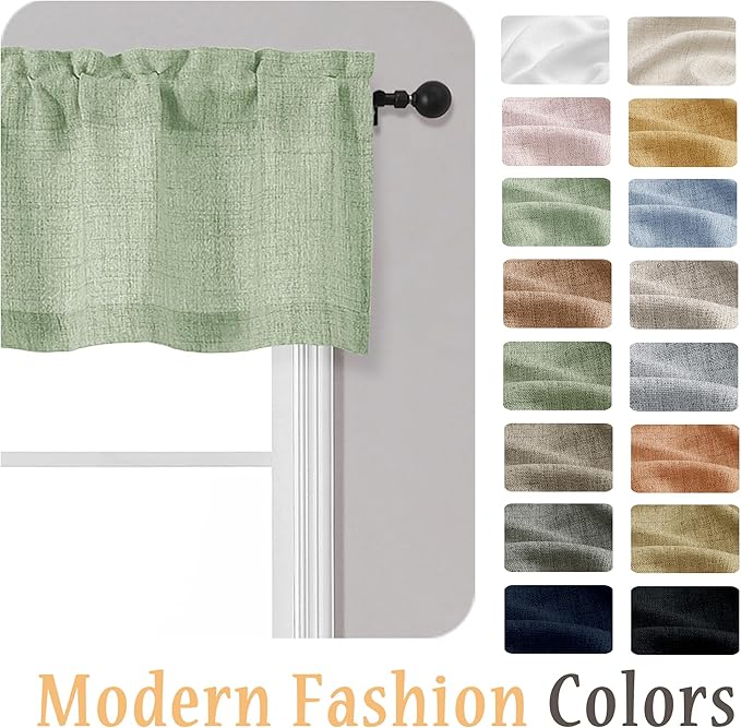 OWENIE Light Green Valances for Windows 1 Pcs, Light Filtering Textured Farmhouse Short Small Valance Curtains for Bathroom Basement Living Room Bedroom, Rod Pocket Half Curtains Over Sink, 52"Wx14"L
