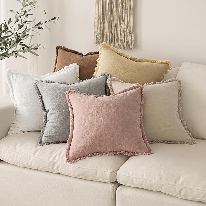 MIULEE Decorative Throw Pillow Covers Neutral Linen Fringe Throw Pillows Euro Shams Set of 2 White Boho Farmhouse Cushion Covers for Couch Sofa Bed Living Room Spring Home Decor 24x24 Inch