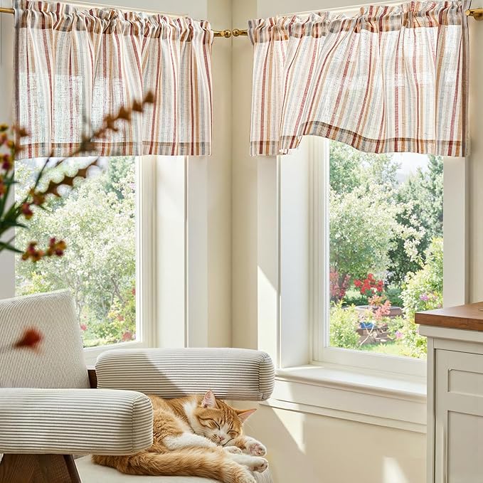 jinchan Valance Curtain Linen Textured Striped Window Curtain for Living Room Light Filtering Farmhouse Valance for Kitchen Rod Pocket 1 Panel 16 Inch Multi Red on Linen