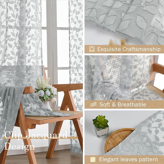 Chyhomenyc Light Grey Sheer Curtains 24 Inch Length, Light Filtering Leaf Tufted Textured Small Window Kitchen Curtain Over Sink, Short Half Window Curtains for Bathroom Basement, 30"Wx24"L, 2 Panels