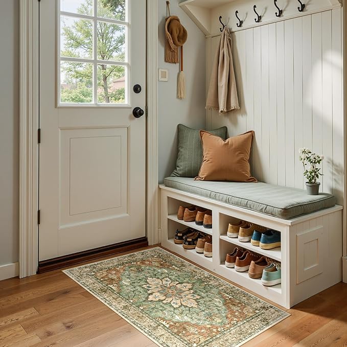 Area Rugs 2'x4' Kitchen Rugs Entry Rug Small Rugs for Entryway Kitchen Bathroom Door Mat Indoor Entrance,Washable Non Slip, Brick Red Rust Neutral Brown Burnt Orange Green