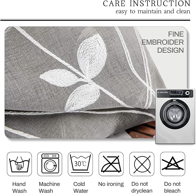 AmHoo 2 Panels Embroidered Leaf Pattern Semi Sheer Curtains Foliage Floral Voile Window Draperies Treatment for Bedroom Living Room Rod Pocket Light Gray 53 x 95 Inch