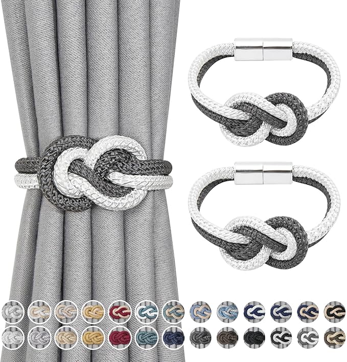 NICEEC 2 Pack Mini Magnetic Curtain Tiebacks Nordic Simple Style Drape Tie Backs Elegant Hand Weave Rope Knot Decorative Curtain Holdbacks for Home & Office Thin Window Drapery (Dark Grey & White)