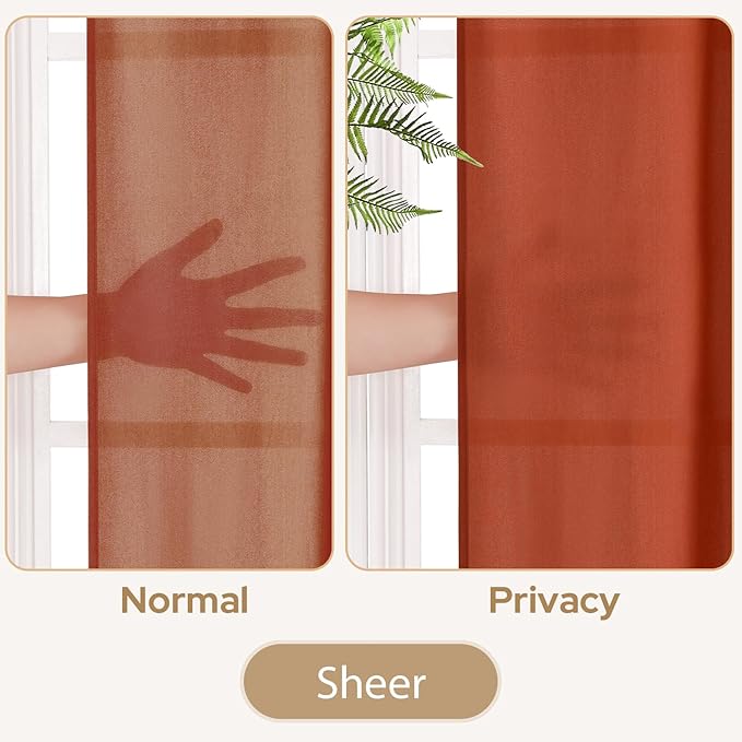 HOMEIDEAS Non-See-Through Fall Burnt Orange Privacy Sheer Curtains, 52 X 54 Inches Long 2 Panels Sheer Curtains Light Filtering Window Drapes for Bedroom Living Room