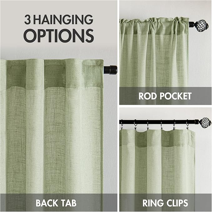 MIULEE Sage Green Linen Curtains 72 Inch Length for Bedroom Living Room, Soft Thick Linen Textured Window Drapes Semi Sheer Light Filtering Back Tab Rod Pocket Burlap Look Farmhouse Decor, 2 Panels