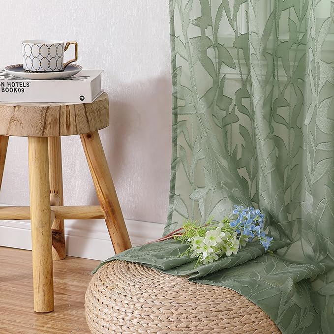 Lecloud Leia 2 Panels Sheer Sage Green Curtains 96 Inches Long, Patio Door/French Door/Living Room Curtain with Leaves, Jacquard Texture Bedroom Drapes Dual Rod Pockets Window Treatment, 38x96 Inch