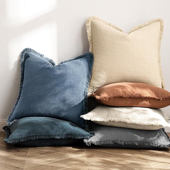 MIULEE Decorative Throw Pillow Covers Neutral Linen Fringe Throw Pillows Set of 2 Blue Ashes Boho Farmhouse Cushion Covers with Tassels for Couch Sofa Bed Spring Home Decor 24x24 Inch