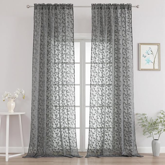 Chyhomenyc Extra Long Charcoal Grey Sheer Curtains 108 Inch Length 2 Panels Set, Light Filtering Tufted Textured Soft Airy Rod Pocket Leaf Window Treatment Drapes for Living Room, 52" Wx108 L, 2PCS