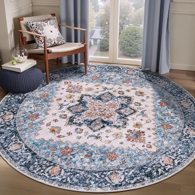 SERISSA Boho Round Area Rug, 6ft Washable Non-Slip Circle Rug, Ultra Soft Oriental Vintage Blue Orange Low-Pile Circular Carpet for Bedroom Entryway Kids Room Office College Dorm Living Room