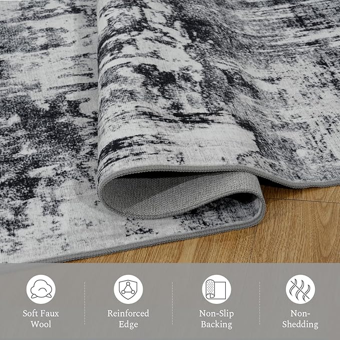 Rugflix 8x10 Area Rugs for Living Room, Black Grey Large Rug Stain-Resistant Low Pile, Big Washable Dark Carpet Non-Slip for Bedroom Dining Room Home Office Nursery Room