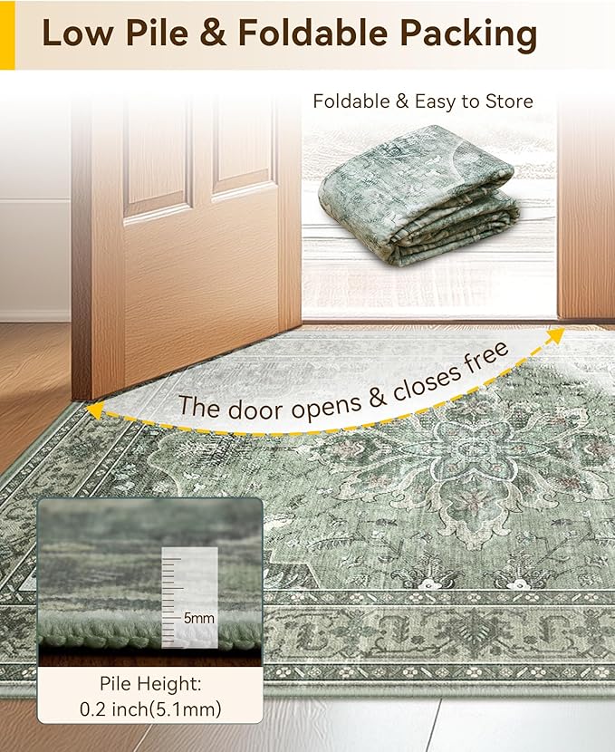 Area Rugs 3'x5' Washable Non-Slip, Floral Vintage Distress Print Pattern Medallion Carpet for Living Room Bedroom Dining Room, Dark Green Gray