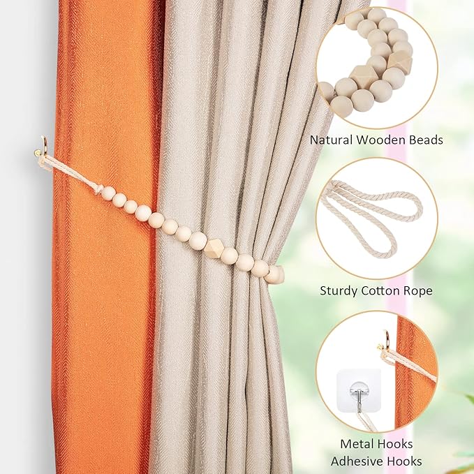 Wood Bead Curtain Tiebacks, KLOGTSIND Set of 4 Curtain Holdbacks for Thin or Thick Window Draperies, Boho Farmhouse Curtain Tiebacks with Hooks, Curtain Tie Backs for Home Office Room Decor