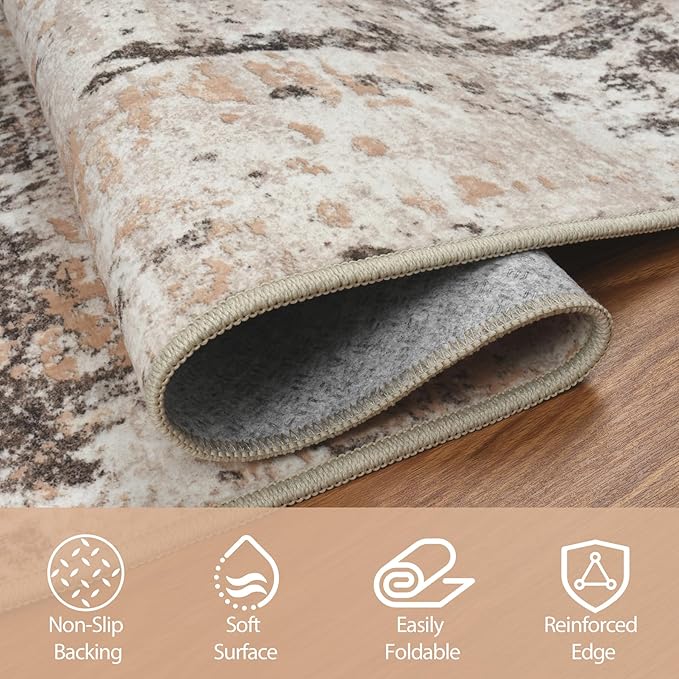 10x14 Area Rugs for Living Room Rug Washable: Abstract Large Rug Indoor Modern Carpet Non Slip for Dining Room Bedroom Nursery Home Office Brown Beige