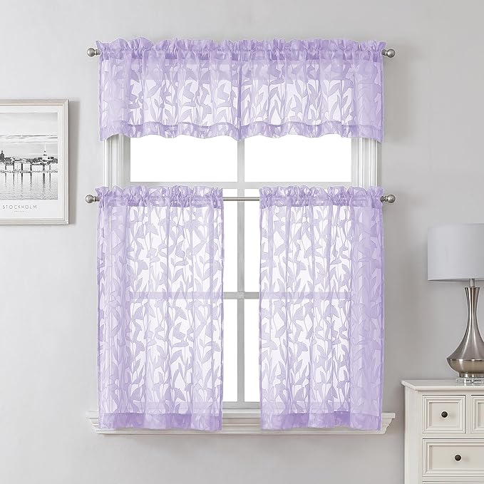 Lecloud Leia Light Purple Sheer Curtains 14 Inch Length 2 PCS, Dual Rod Pockets Living Room Window Short Curtains Valances, Jacquard Clip Textured Leaf Bedroom Decor, 38 W x 14 L