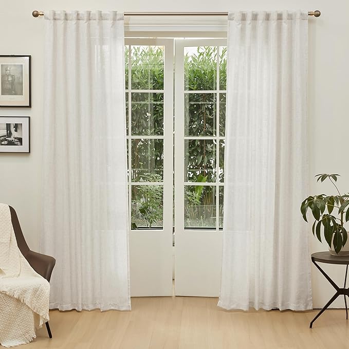 MYSKY HOME 90 Inches Long Linen Curtains for Living Room, Semi Sheer Bedroom Curtains Farmhouse Boho Room Decor Sliding Glass Patio Doorways Light Filtering Privacy Protect, 50" x 90", Linen, 2 Panels