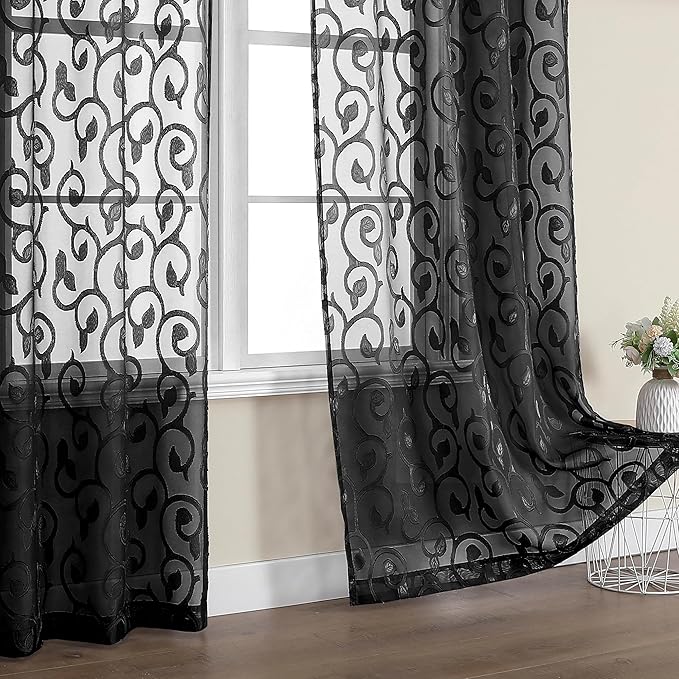 OWENIE Furman Extra Long Sheer Black Curtains 96 inches Long for Bedroom Living Room 2 Panels Set, Light Filtering Soft Semi Sheer Jacquard Clip Farmhouse Curtains Rod Pocket Design, 52Wx96L inch