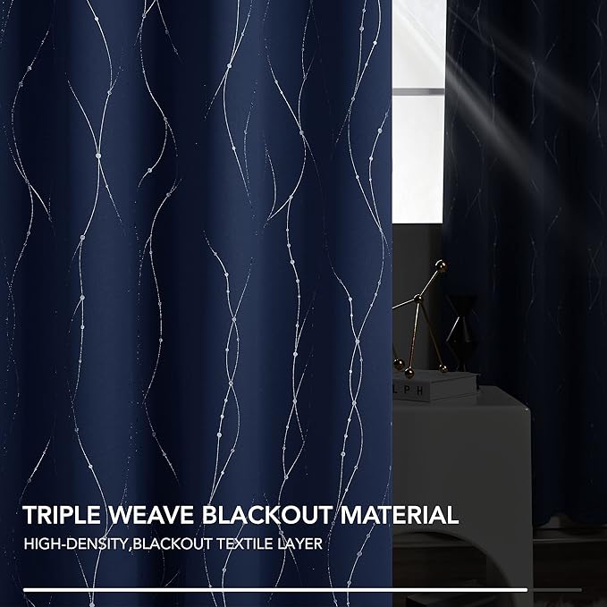 Deconovo Short Kitchen Curtains, Navy Blue Blakcout Curtain 42 x 45 Inch, Thermal Insulated Soundproof Drapes with Silver Wave Dots Prit, Grommet Top, Machine Washable for Nursery Bedroom Living Room
