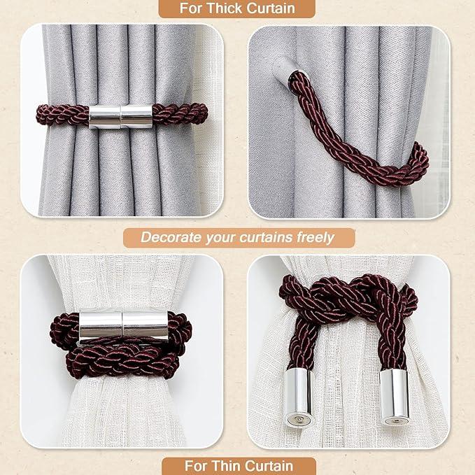 NICEEC 2 Pack Strong Magnetic Curtain Tiebacks Modern Simple Style Drape Tie Backs Convenient Decorative Weave Rope Curtain Holdbacks for Thin or Thick Home & Office Window Draperies (Deep Purple)