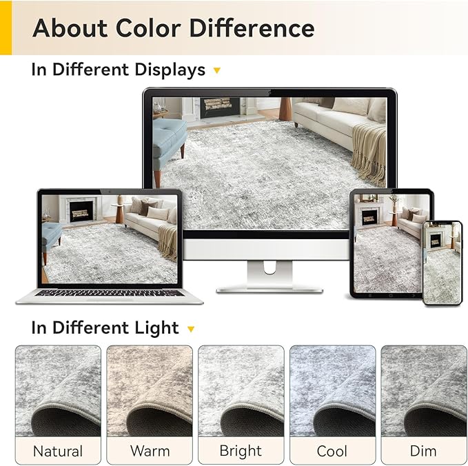 Washable Area Rugs Square 8ft Non-Slip Modern Abstract Soft for Living Room Entryway Bedroom Nursery, Print Pattern, Gray White Grey