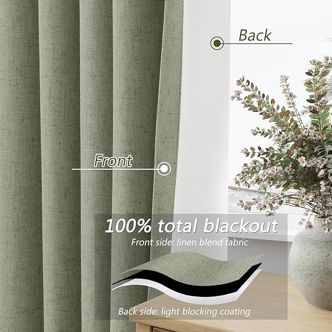 Guken 100% Blackout Linen Curtains 110 Inch Wide by 52 Inch 2 Panels Set for Living Room Bedroom Back Tab Thermal Insulated Black Out Linen Drapes Room Darkening Window Curtains, Sage Green