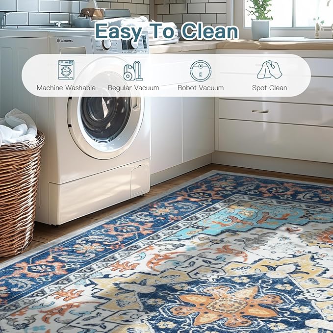 Lofus 3x5 Area Rugs for Living Room, Machine Washable Area Rug, Soft Small Rugs for Bedroom, Kitchen, Office and Indoor, Vintage Boho Carpet, Non-Slip Low Pile Carpets, Floral Blue