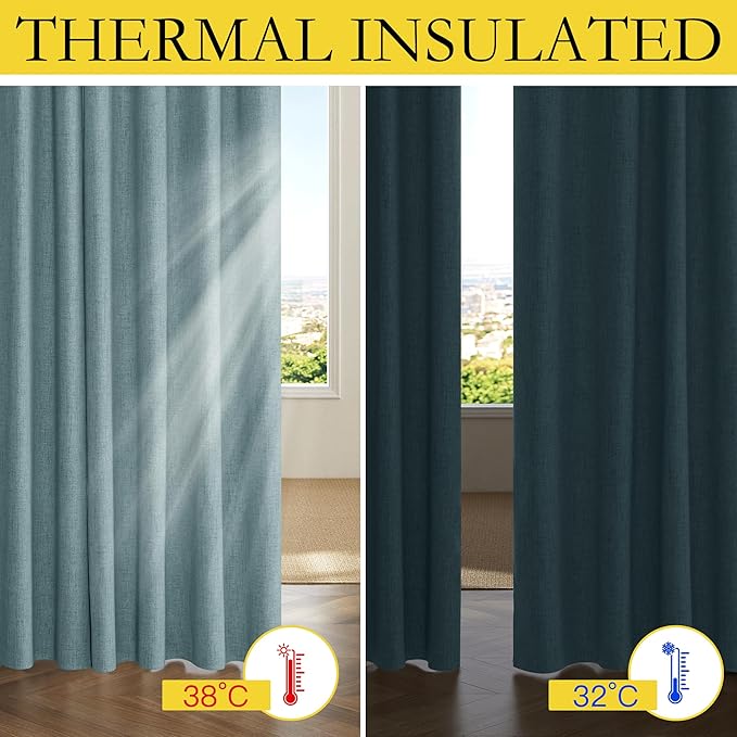 NICETOWN 100% Absolutely Blackout Linen Curtains with Thermal Insulated Liner, Skylark Blue, 62" Wide, 108" Length Energy Saving Curtains for Living Room 2 Panels Set, Vertical Blinds
