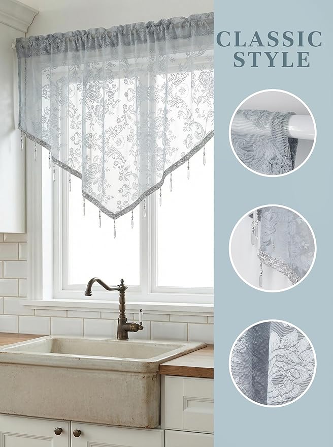 Molaxhome Swag Curtain 51 inch Length Rod Pocket Scalloped Curtain Valance Sheer Lace Panels with Hanging Crystal Beads for Kitchen Bedroom Window Treatments Drape Decor 1pc (Lace Grey, 51Wx23L)