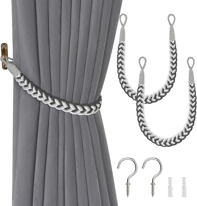NICEEC 2 Pack Natural Cotton Rope Curtain Tiebacks Elegant Boho Style Decorative Drape Tie Backs Soft Hand-Woven Rope Curtain Holdbacks with Metal Hook for Home & Office Drapery (Grey & White)
