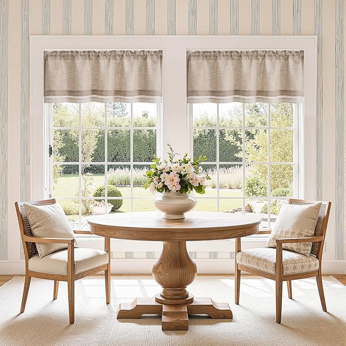 jinchan Linen Farmhouse Valances for Living Room Windows 16 Inch Slubbed Crossed Double Layer Window Valances Light Filtering Rustic Country Overlay Rod Pocket 2 Panels Blush Beige