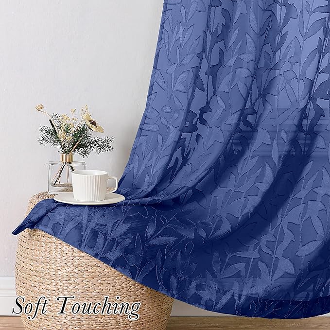 Lecloud Leia Dusty Blue Sheer Curtains 63 Inch Length 2 Panels, Light Filtering Jacquard Textured Leaf Voile Curtains with Dual Rod Pockets, Bedroom Living Room Window Drapes, 40 W x 63 L