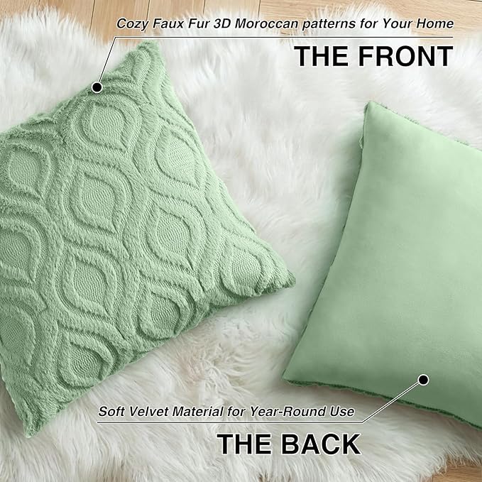 decorUhome Throw Pillow Covers 20x20 Inch Set of 2, Soft Plush Faux Wool Sage Green Solid Couch Pillow Covers, Accent Farmhouse Neutral Square Pillow Cases for Sofa Bed Living Room