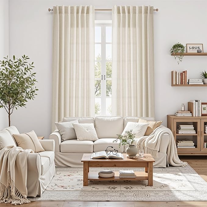Birch Beige Linen Curtains 132 Inch Length for Living Room Light Filtering Semi Sheer Curtain Back Tab Modern Farmhouse Decor Elegant Drapes Floor to Ceiling High Window for Bedroom 52x132, 2 Panels