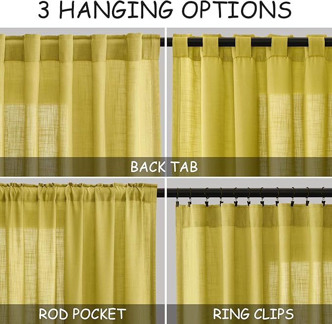 Celery Yellow Linen Curtains 102 Inches Long 2 Panel Set Back Tab Rod Pocket Semi Sheer High Window Drapes Light Filtering Burlap Look for Neutral Farmhouse Decor Curtain in Living Room 52x102