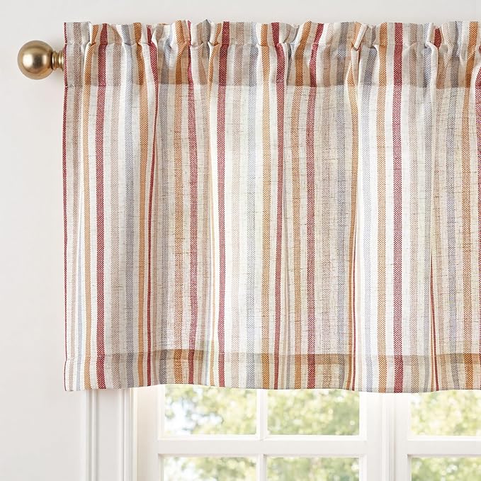 jinchan Valance Curtain Linen Textured Striped Window Curtain for Living Room Light Filtering Farmhouse Valance for Kitchen Rod Pocket 1 Panel 16 Inch Multi Red on Linen