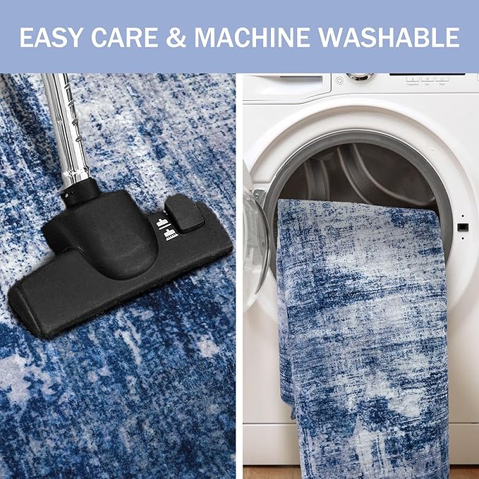IOHOUZE Abstract Runner Rug 2x10 Ft Washable Runners for Hallways, Non Slip Kitchen Runner Printed Faux Wool Entryway Runner Indoor, Modern Abstract Floor Carpet for Hall Kitchen, Navy/Grey