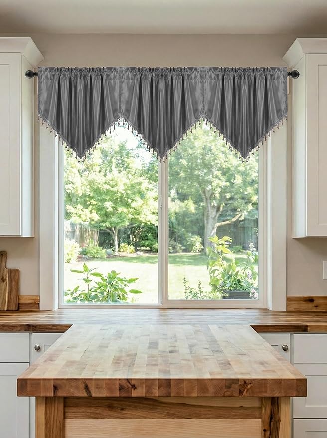 Molaxhome Swag Curtain 51 inch Length Rod Pocket Scalloped Curtain Valance Sheer Lace Panels with Hanging Crystal Beads for Kitchen Bedroom Window Treatments Drape Decor 1pc (Cloth Grey, 51Wx23L)