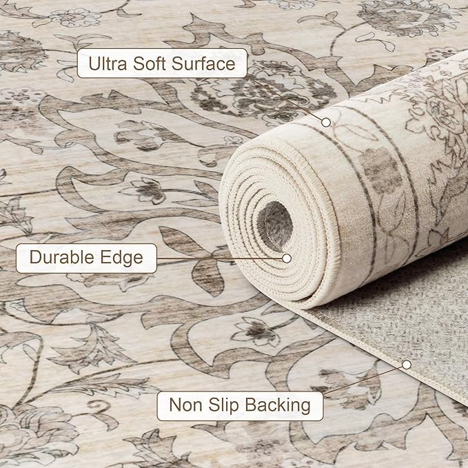 4x6 Area Rugs for Living Room: Washable Rug Soft Vintage Distressed Floral Carpet Indoor Floor Non-Slip Stain Resistant Large Carpets for Bedroom Dining Room Farmhouse Nursery Home Office Brown Beige