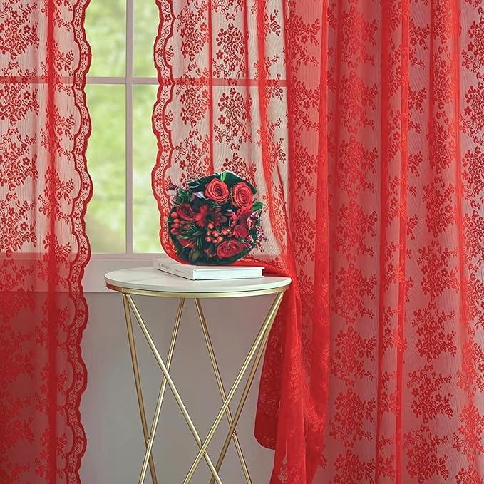 YJ YANJUN Vintage Lace Curtains 90 Inches Long 2 Panels - Retro Floral Red Christmas Sheer Curtains for Living Room Bedroom Rod Pocket Wedding Party Xmas Christmas Holiday Decor 52" W x 90" L