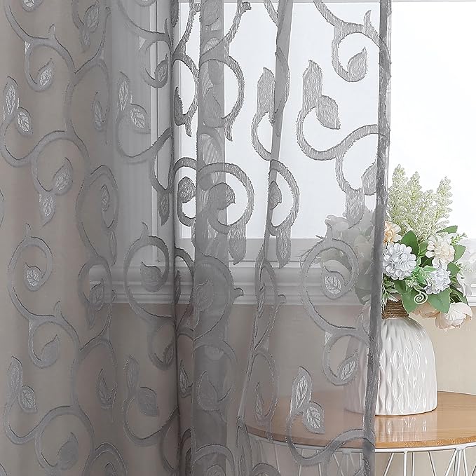 OWENIE Furman Extra Long Sheer Charcoal Gray Curtains 96 inches Long for Bedroom Living Room 2 Panels Set, Light Filtering Semi Sheer Jacquard Clip Farmhouse Curtains Rod Pocket Design, 52Wx96L inch